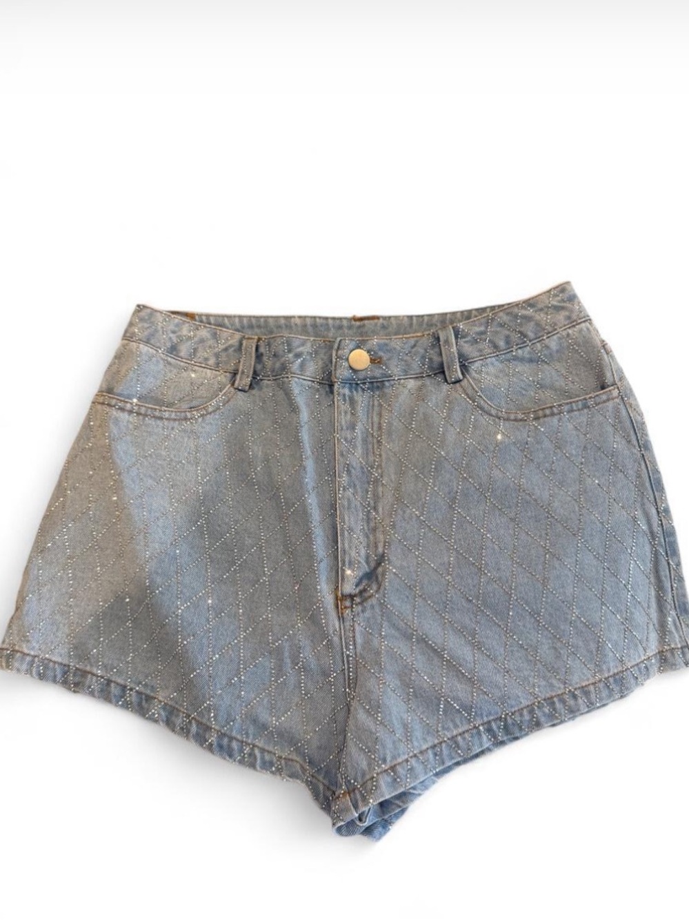 12th Tribe Quilted Sparkle Denim Shorts - Light Blue
